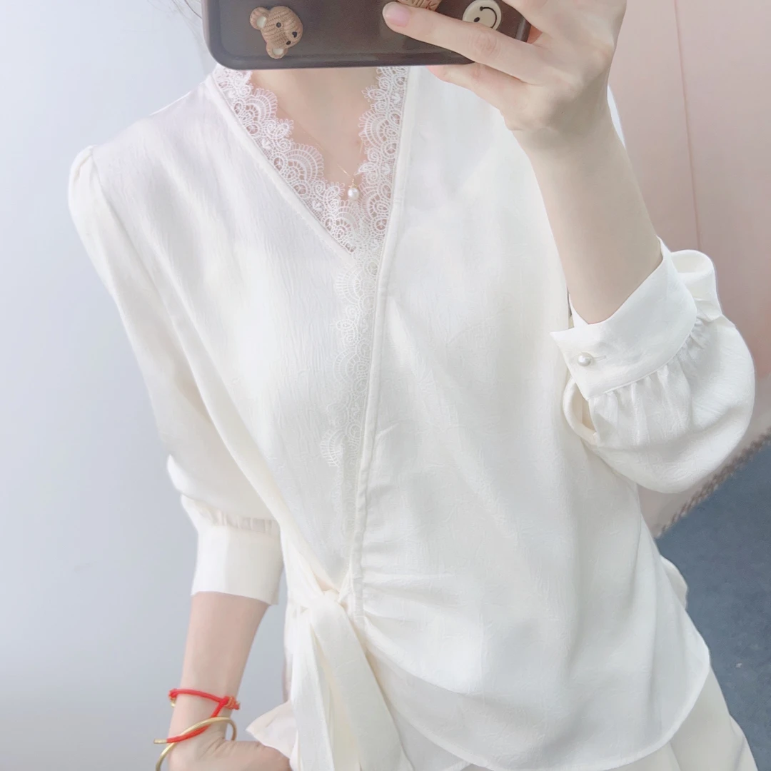 065醋酸腰带收腰蕾丝边V领显瘦小衫9065/GJ