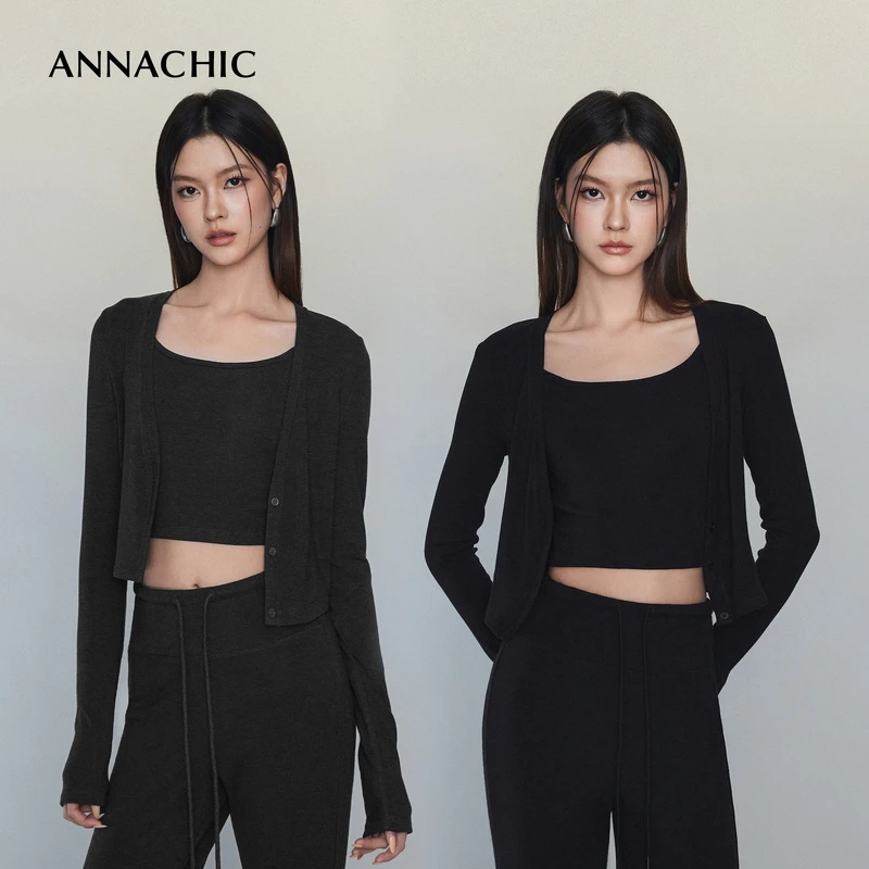 ANNACHIC辣妹吊带背心开衫外套女春季修身显瘦长款裤时髦气质套装