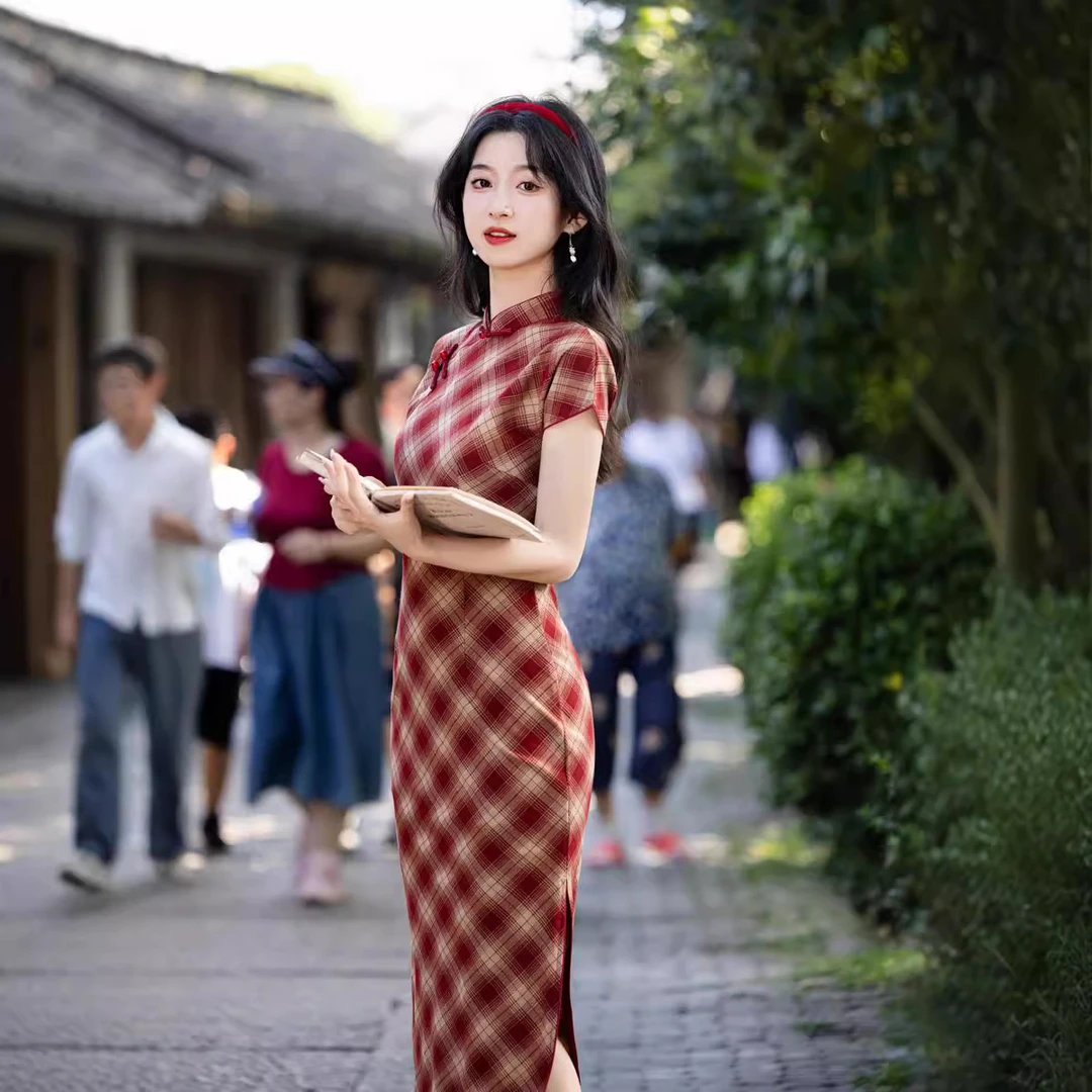 【浅梦】复古国风格子旗袍改良版少女日常修身收腰民国大学生裙子