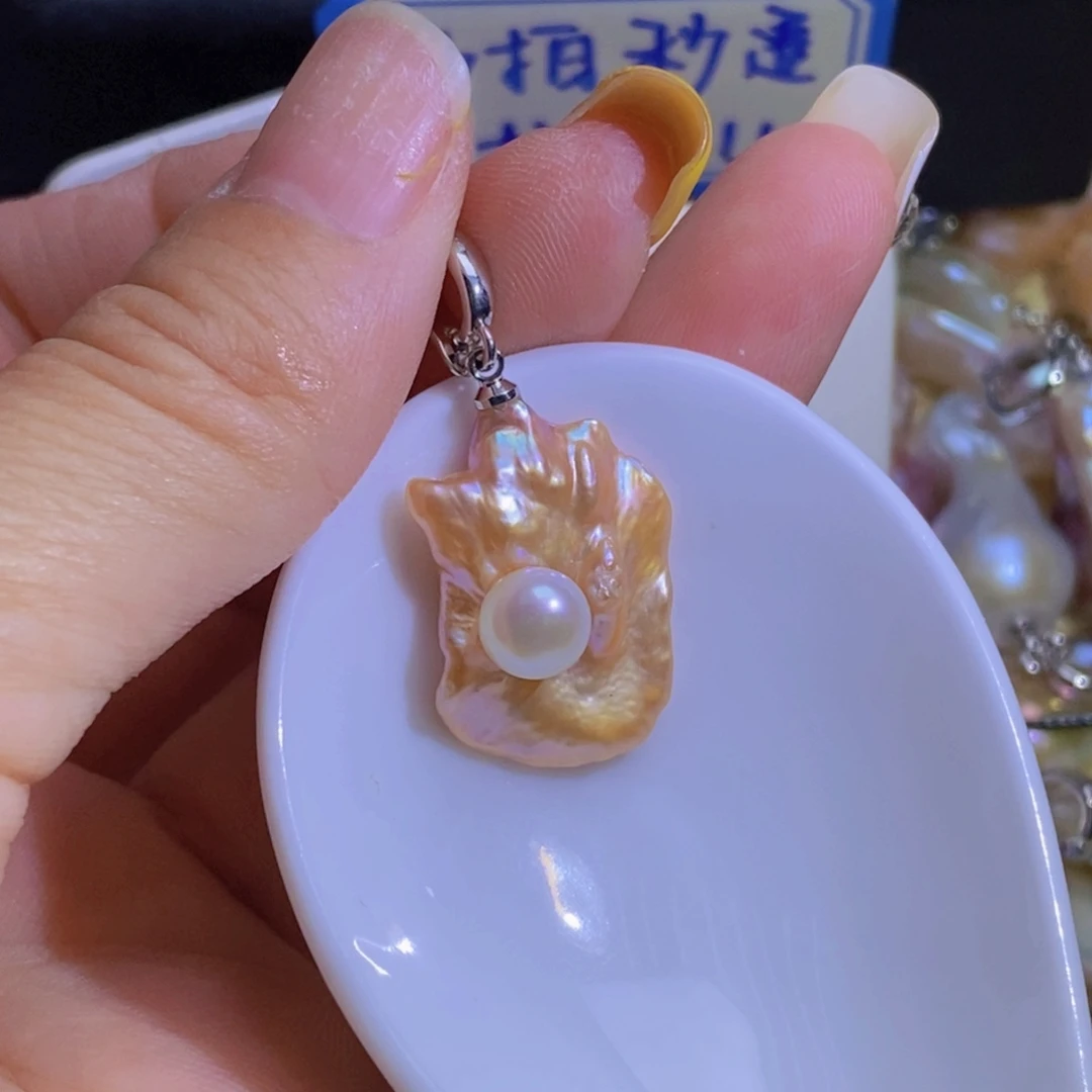 银S925镶嵌淡水珍珠天然珍珠无染色，无优化