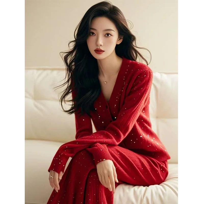新年小香风红色V领亮片毛衣针织长裤套装御姐轻熟风气质两件套冬
