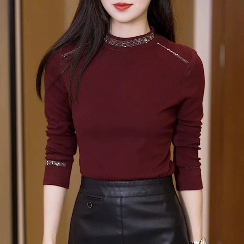 安可拉红打底衫女秋冬双面德绒半高领内搭加厚保暖洋气百搭款上衣