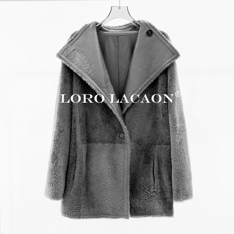 以赛亚 月栖松影 新款翻领中长休闲单排扣两面穿皮毛一体女 25015