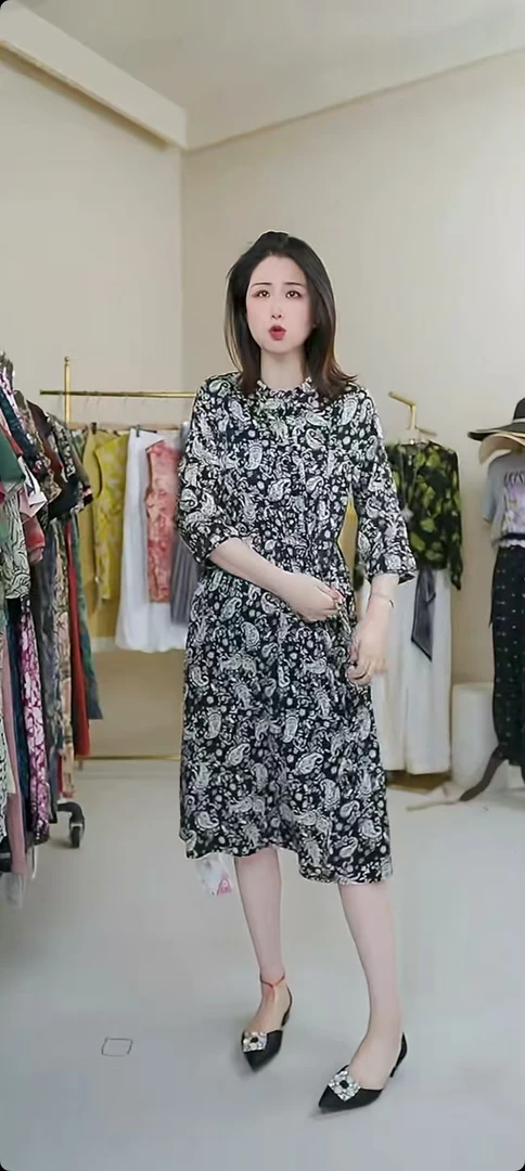 夏季新款25371时尚花边领优雅气质显瘦减龄通勤连衣裙