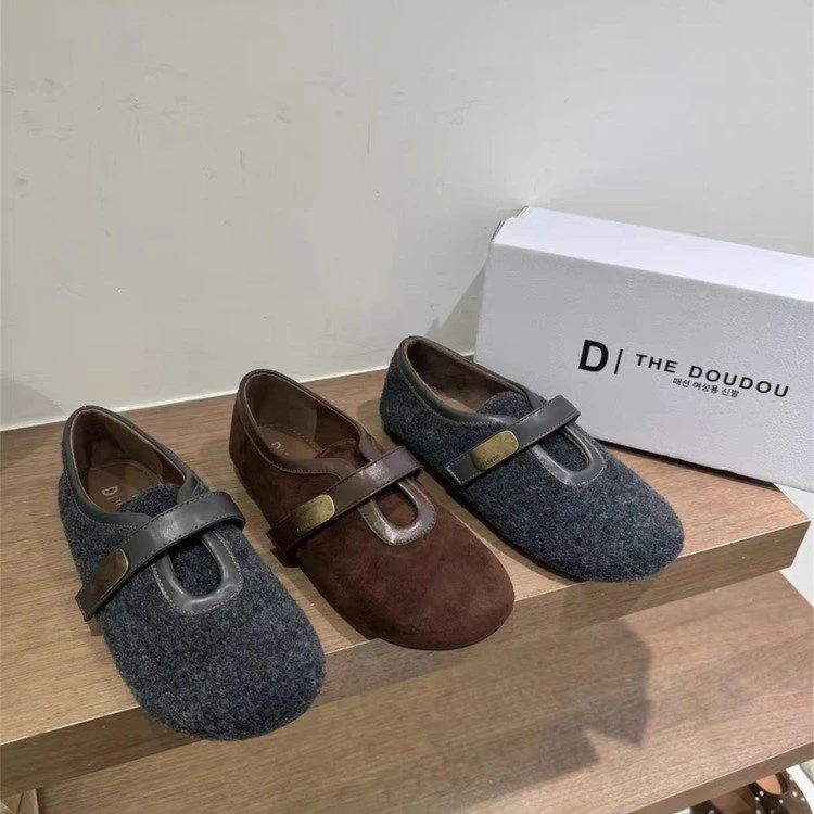 韩版复古百搭毛呢毛毛鞋女2025秋冬新款时尚魔术贴平底玛丽珍单鞋