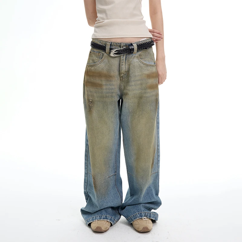 JUMPNEXT春季新款复古辣妹宽松做旧阔腿水洗垂感直筒修身牛仔裤