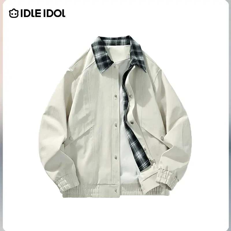 IDLE IDOL新款假两件潮流翻领撞色长袖时尚简约休闲情侣款夹克男