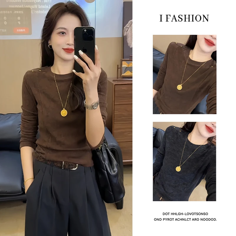 网红爆款圆领长袖t恤女2025年春秋新款洋气百搭修身显瘦打底上衣