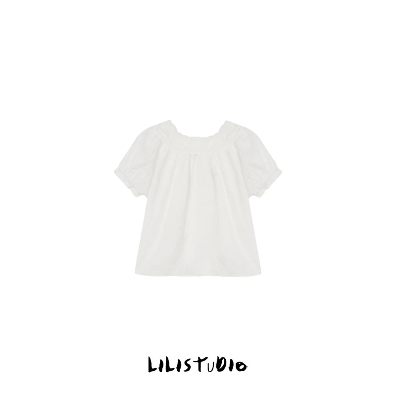 PCNY「逸雅白衫」不理理夏季新款小众女装泡泡袖蕾丝设计花边雪纺衫