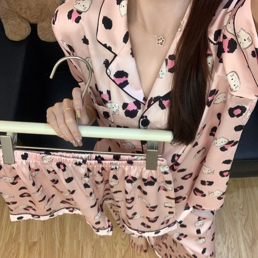 2025夏季凯蒂猫三件套冰丝睡衣女士套装薄款短袖卡通甜美家居服