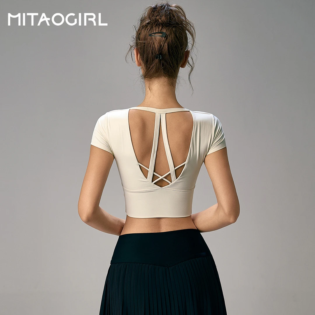 MITAOGIRL肯豆瑜伽美背带胸垫运动上衣女短袖外穿跑步训练健身服