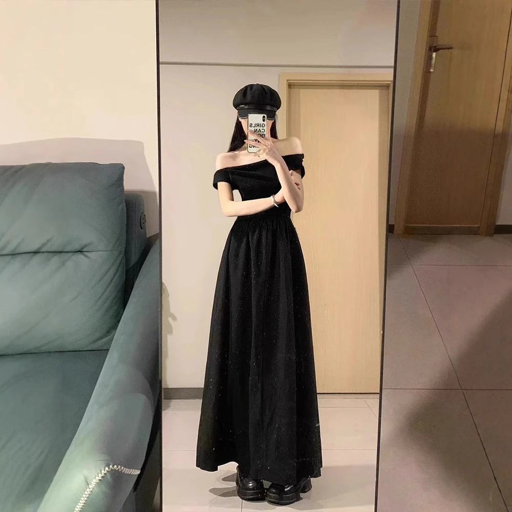 黑色一字肩连衣裙高级感长款裙子女春季2025新款抹胸小个子法式春