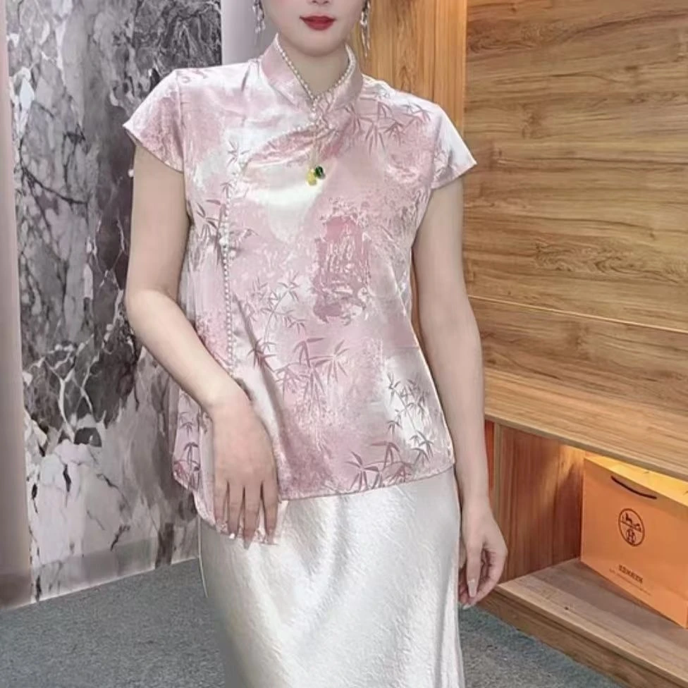 2025夏季新款新中式立领盘扣小衫国风肌理感提花衬衫复古上衣女装