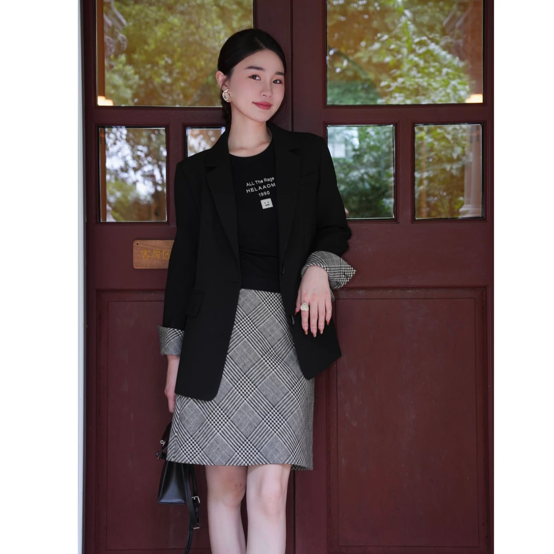 HELAAOMI “千鸟半裙”时髦爆款气质潮流复古百搭格纹直筒半身裙