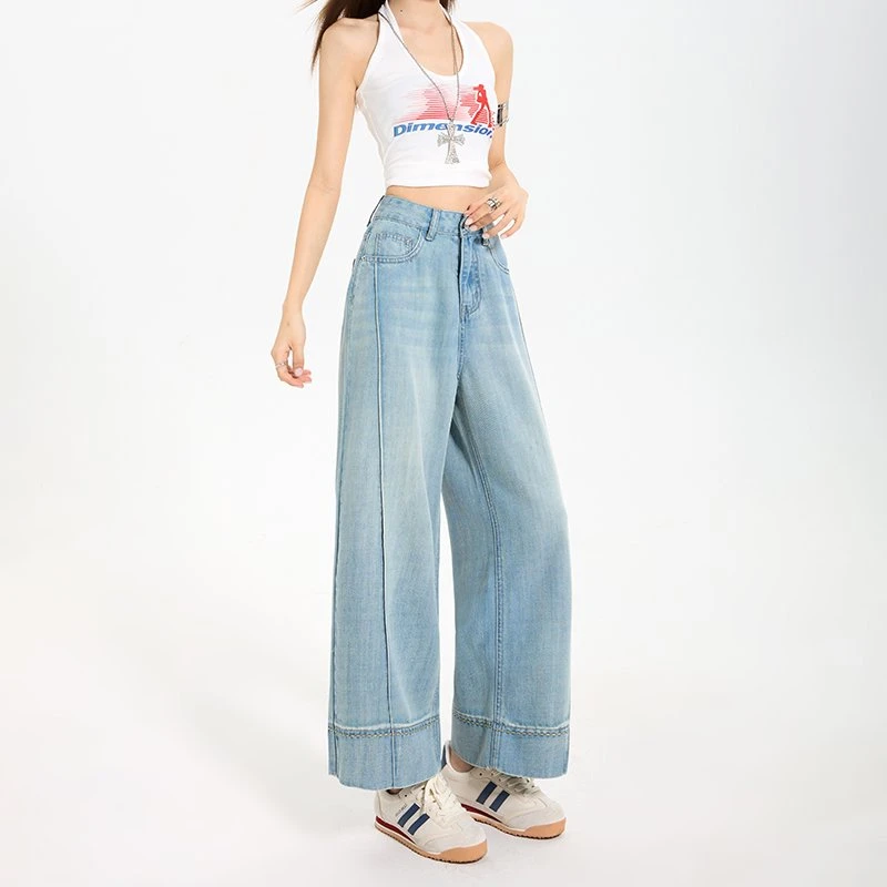 杏色原牛阔腿裤牛仔裤女2025春季新款高腰宽松显瘦拖地弯刀长裤子