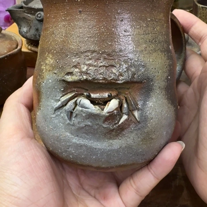 原田良二备前烧手雕岩蟹大容量马克杯福利一口价