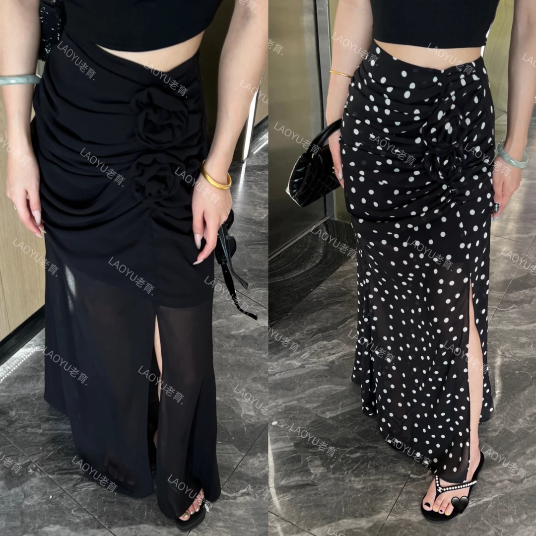 LAOYU（柔纱）春夏新款法式复古百搭高腰显瘦防晒侧开衩半身长裙