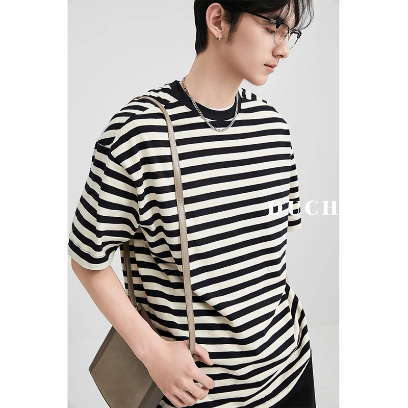 独驰男装100%纯棉夏季短袖T恤男条纹圆领宽松休闲百搭透气体恤衫