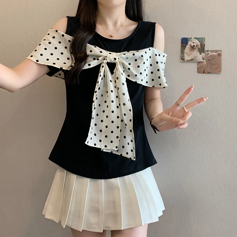 大码女装时尚温柔风波点蝴蝶结露肩短袖T恤夏季胖mm显瘦遮肉上衣
