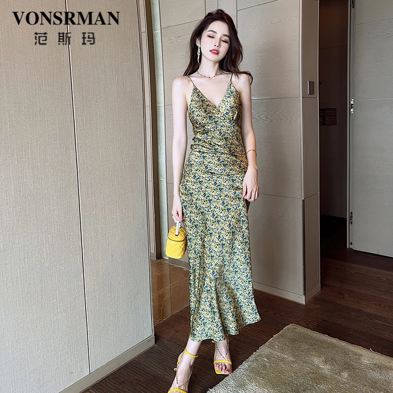 露肩碎花连衣裙2025夏季新款女设计感吊带裙高腰气质垂感裙子名媛