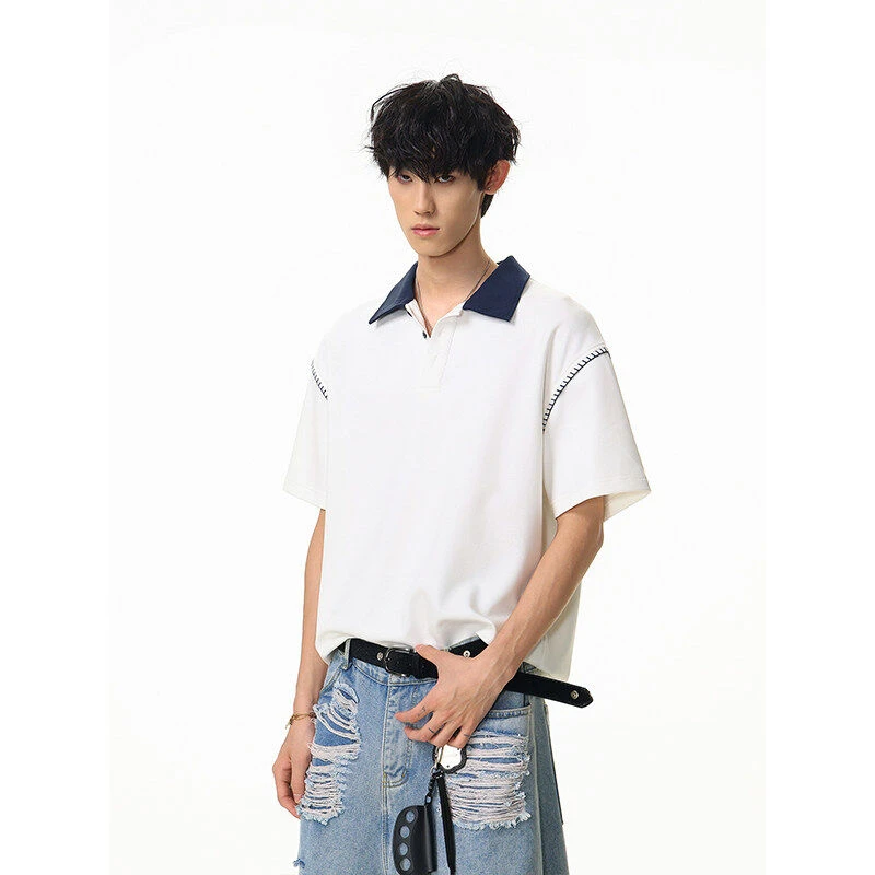 BARTDRESS美式明线POLO衫衬衫翻领polo短袖T恤上衣男夏新款潮牌