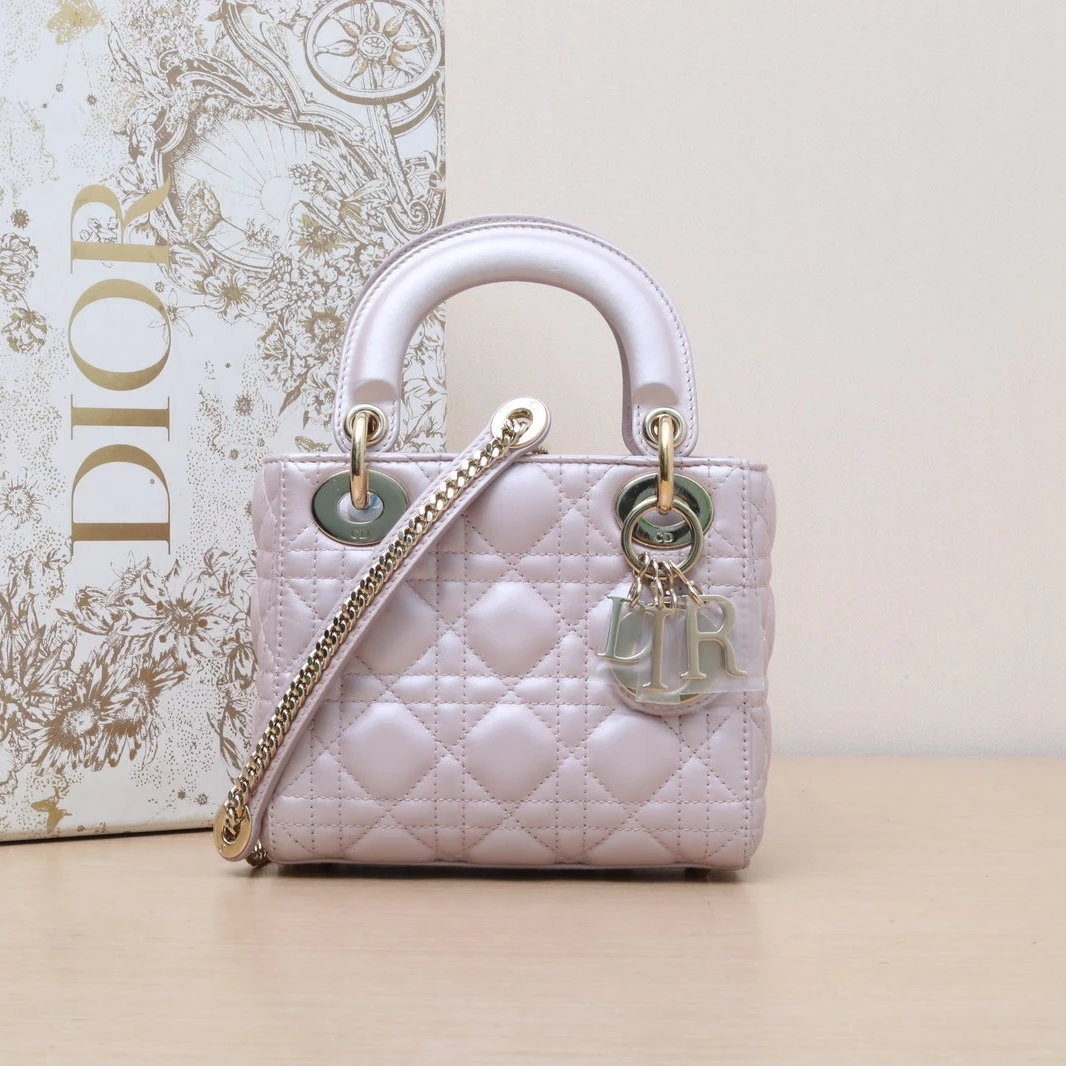 99新 DIOR/迪奥 小花柳 戴妃包 三格 香芋色 皮革S 浅金扣 2018
