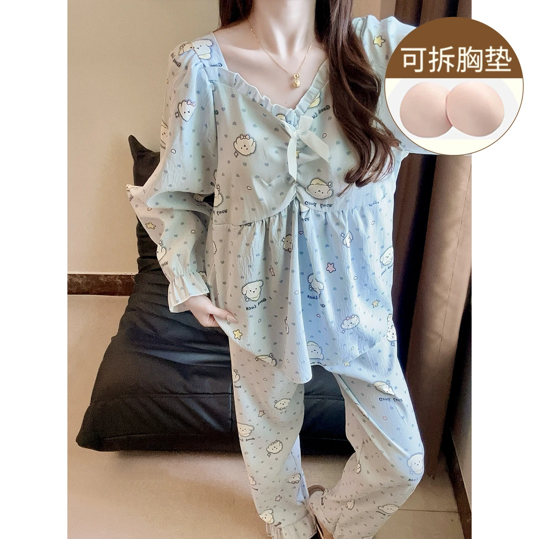 云朵棉睡衣女春秋季长袖带胸垫可爱风小狗2025新款少女家居服套装