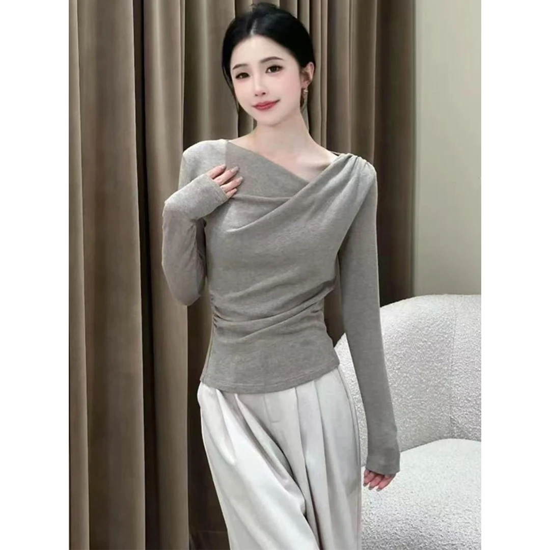 设计感收腰长袖t恤女2025新款早秋修身显瘦内搭打底衫露肩上衣女
