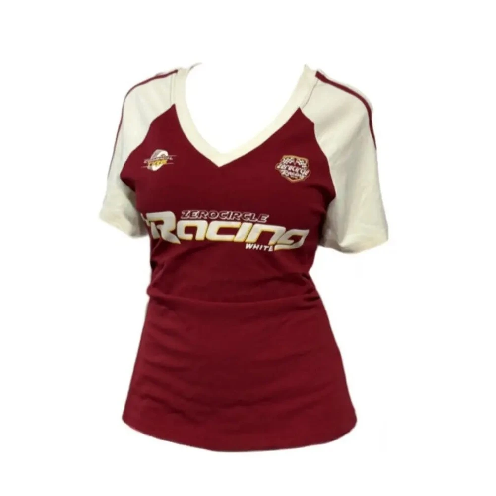 93%棉美式复古辣妹v领短袖T恤女夏季修身显瘦撞色拼接运动上衣