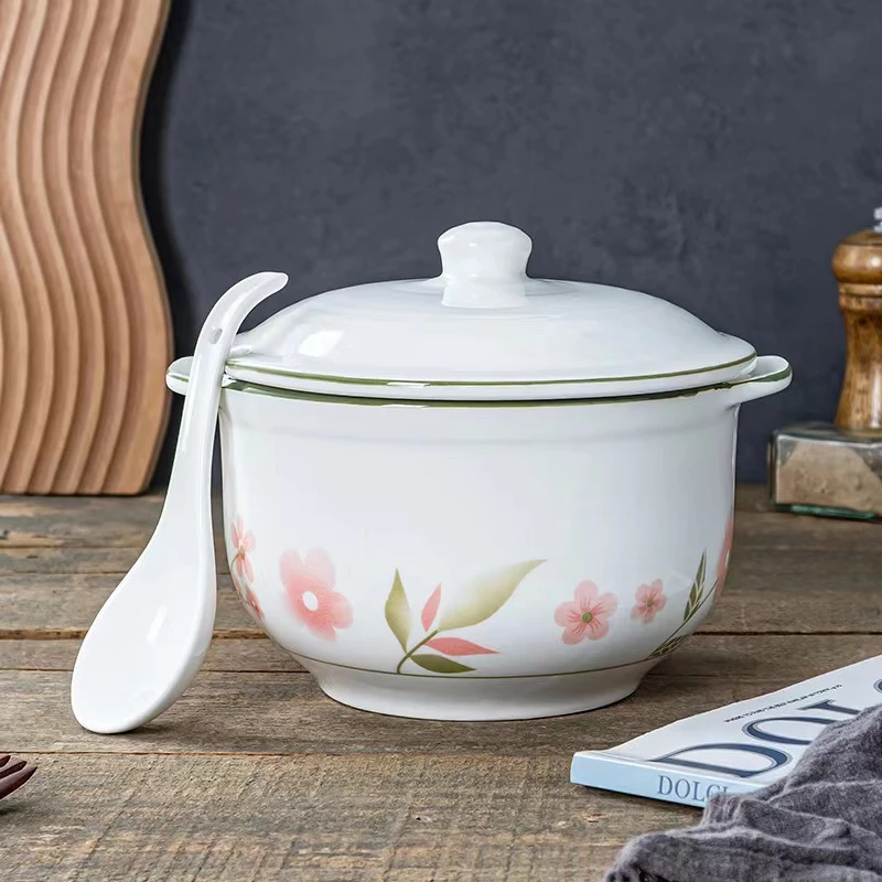 5斤樱花双耳带盖大号猪油罐（送勺）2600ml带盖汤碗