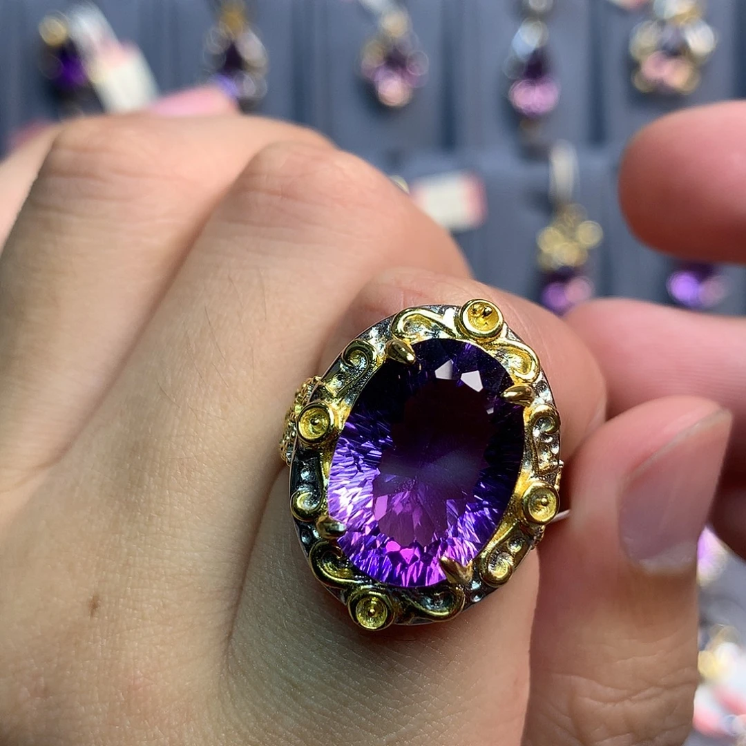 银S925镀金镶嵌戒指水晶