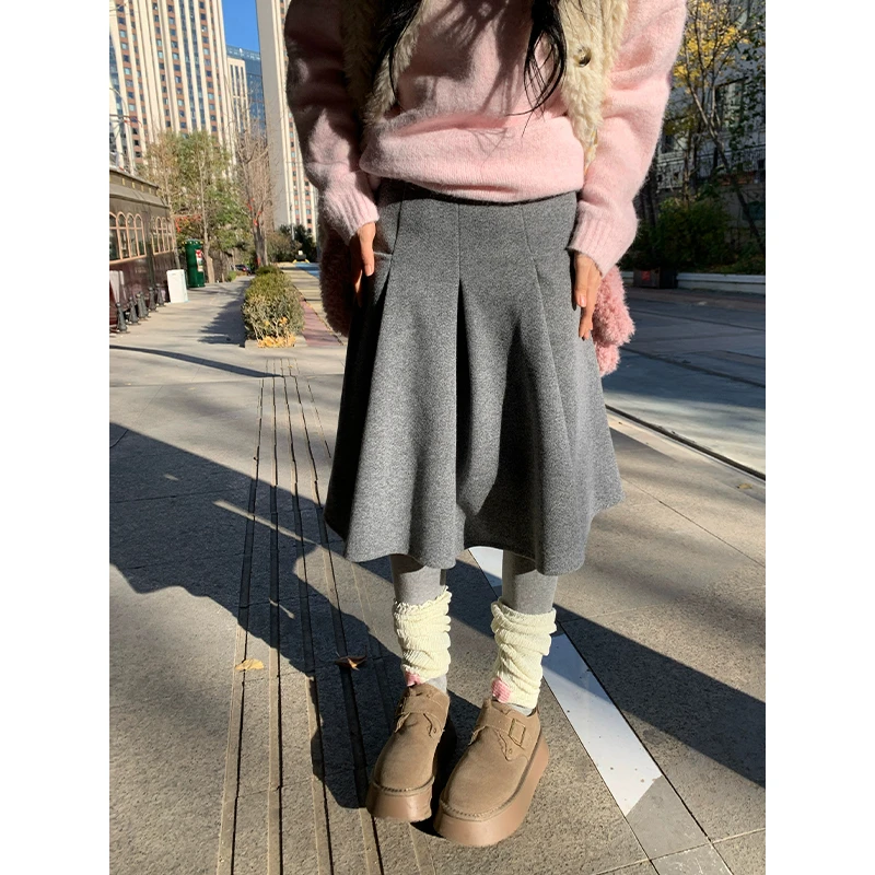 韩系灰色呢子a字百褶裙女秋冬季高腰显瘦小个子百搭中长款半身裙