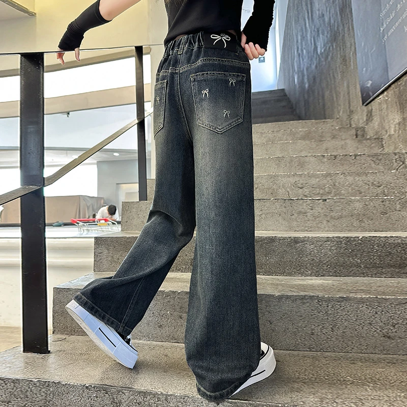 女童牛仔裤春秋款2025新款6-12岁儿童直筒裤子大童春装洋气阔腿裤