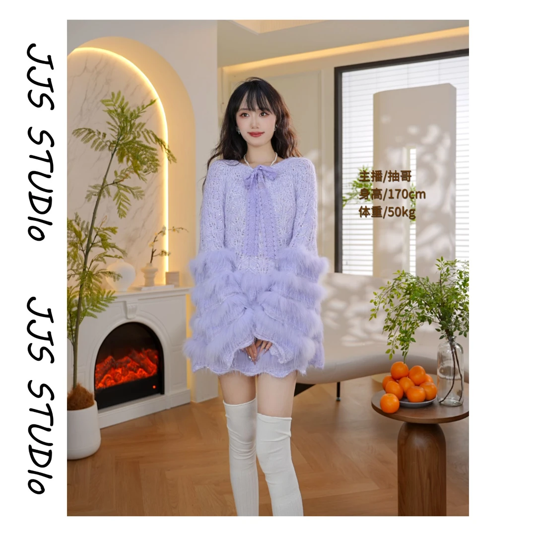 5091009『雪国之恋』2025秋冬纯色时尚针织长袖拼接设计感毛衣