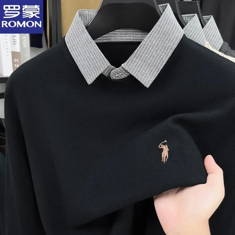 罗蒙2025秋季新款男士假两件毛衣打底刺绣高级感含羊毛针织衫上衣