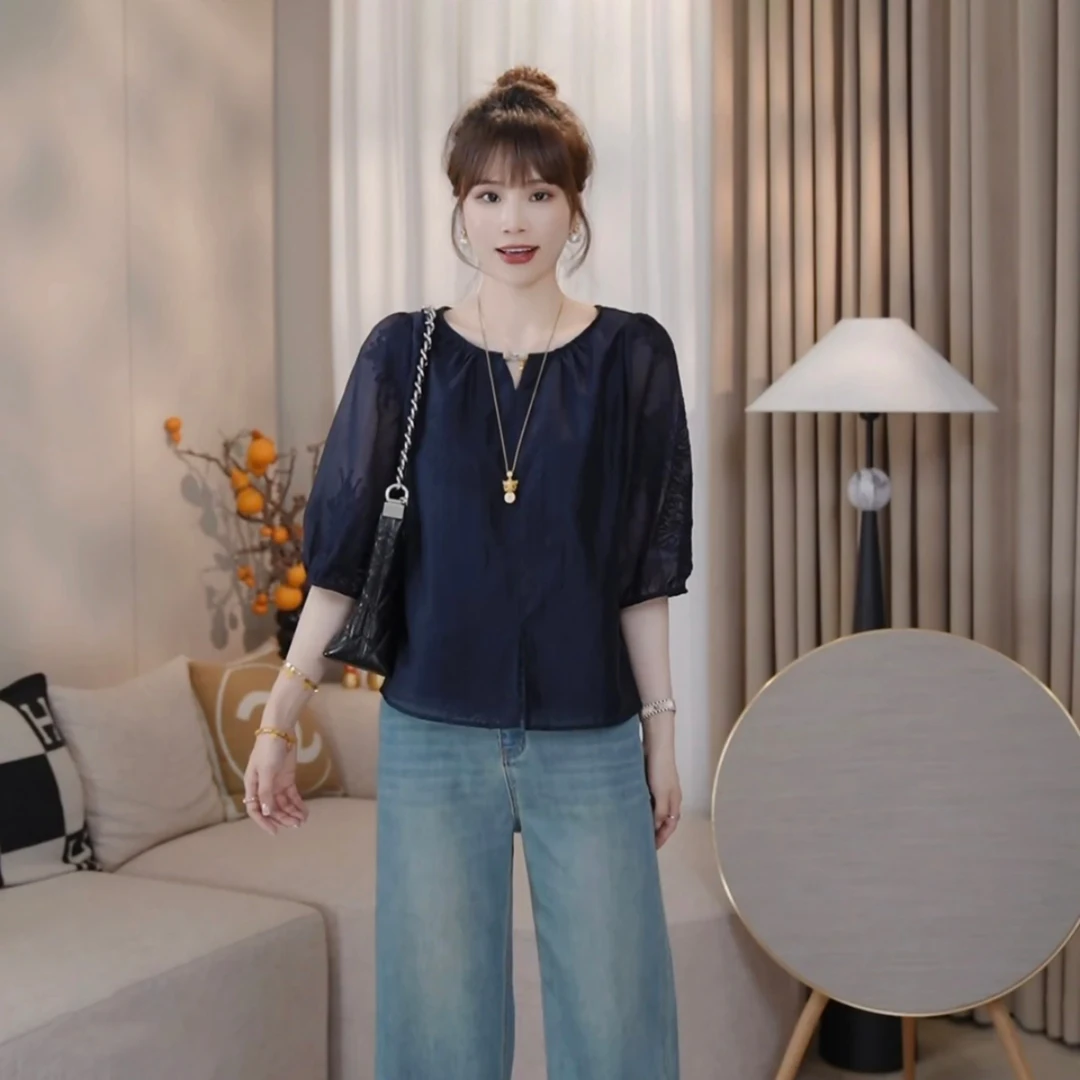 烟花漫～设计感莱赛尔刺绣衬衫女宽松减龄气质显瘦时尚中袖小衫