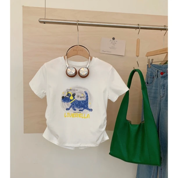 3586【耳机狗】韩系卡通图案收腰正肩百搭休闲T恤