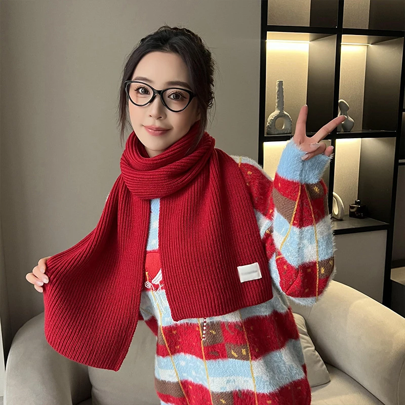 针织围巾围脖新年红色氛围感ins韩版时尚百搭防寒纯色保暖披肩