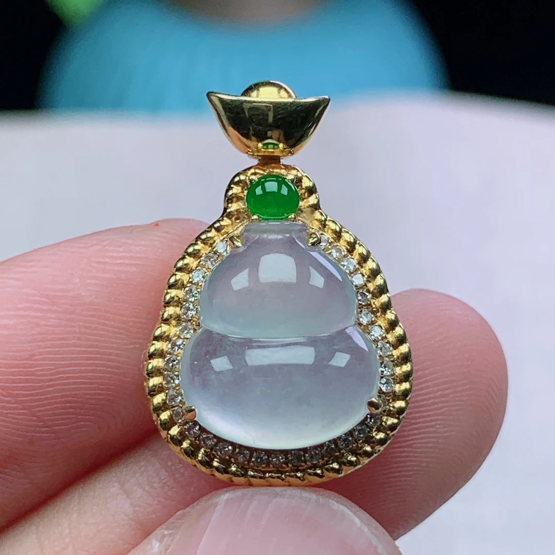 y缅甸天然翡翠A货24.6-16-9.3玉石18k金镶嵌冰种白冰葫芦吊坠礼物