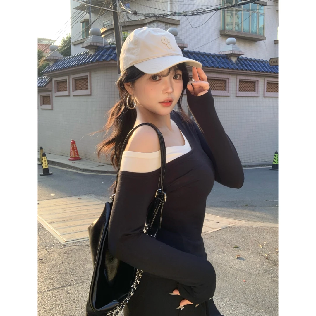 MengFairy【拼色玩法】撞色长袖t恤修身显瘦设计感上衣4840M欧若风