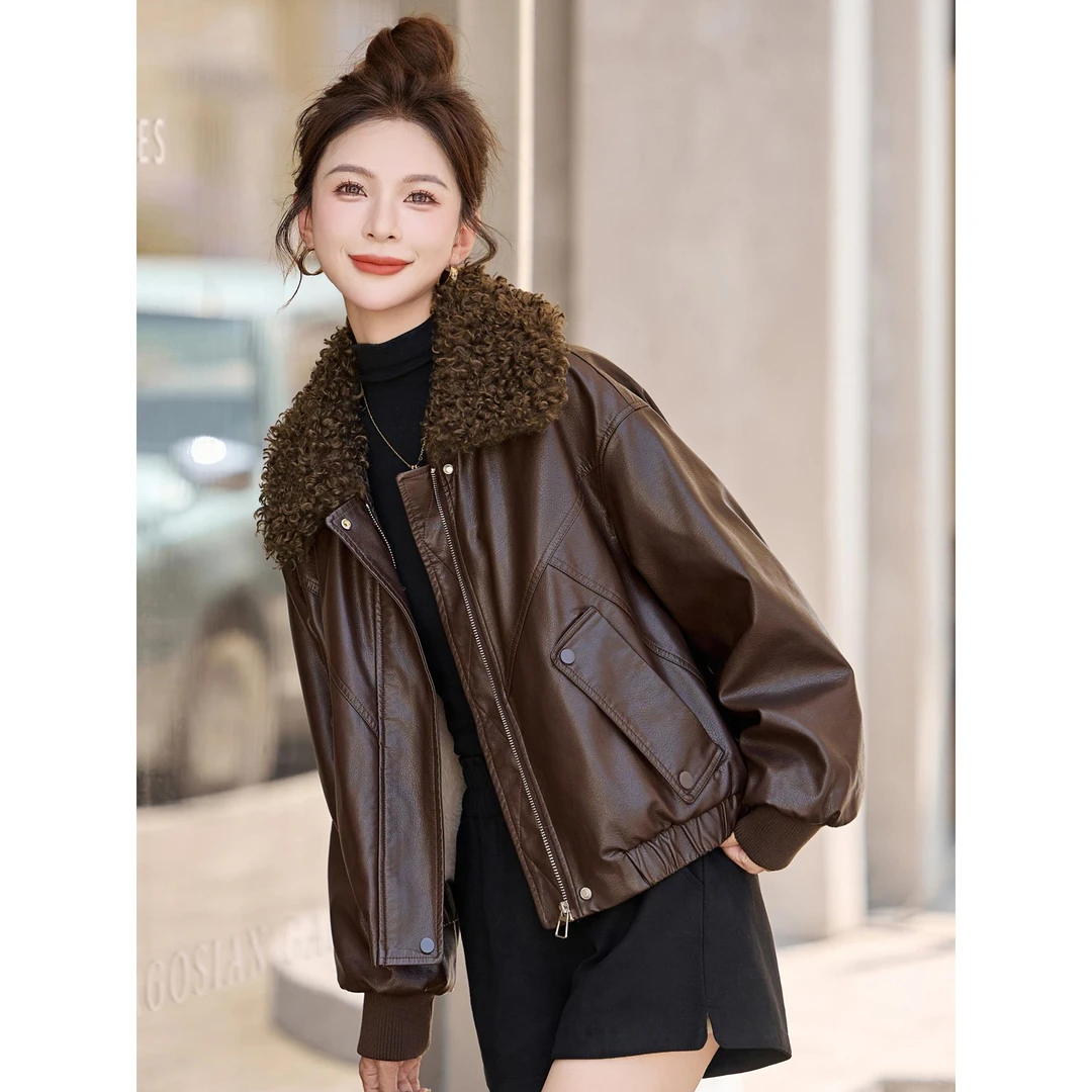 【奥莱折扣】覆古领加绒加厚皮衣女2025秋冬新款宽松百搭保暖皮夹克