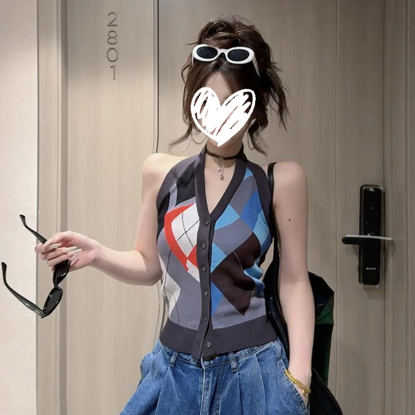 美式复古撞色格子挂脖背心女2025夏季新款韩系设计感修身显瘦上衣