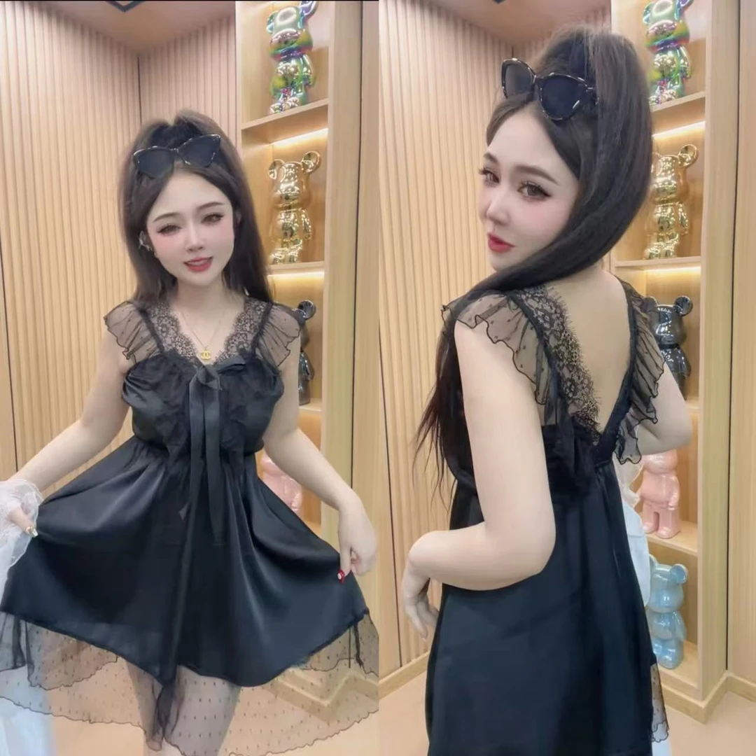 蕾丝睡衣女性感吊带夏季冰丝薄款黑色网纱睡裙2025年新款家居服