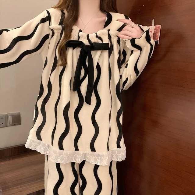 果壳【官方】2025新款珊瑚绒睡衣女士春秋冬季甜美条纹加厚法兰绒