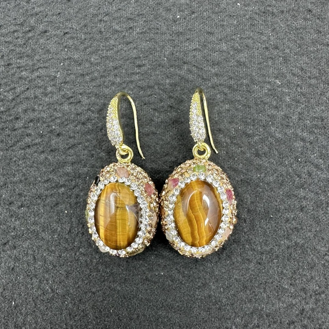 铜合金锆石耳饰 高级复古虎晴石耳环-01