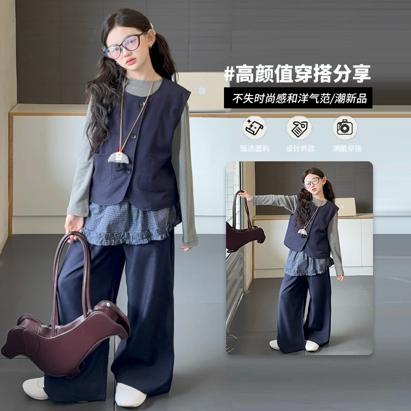 【毛妈潮牌】女童春秋韩系马甲裤子三件套2025新款大童洋气休闲套装