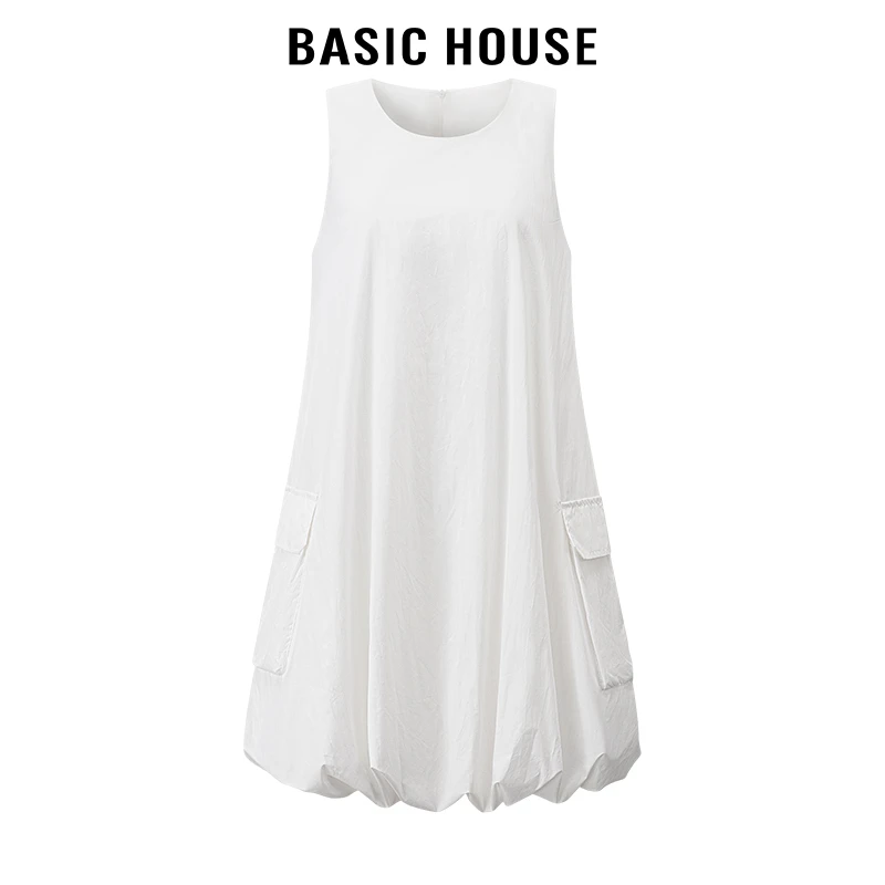 百家好/Basic House白色甜美温柔气质无袖双口袋花苞背心连衣裙女