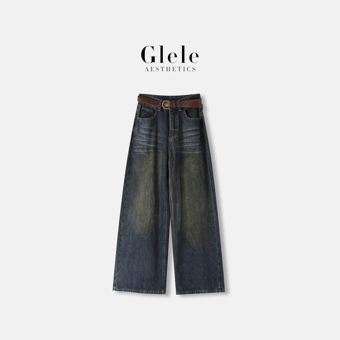 Glele私服「复古牛仔」复古丹宁显腿长直筒阔腿牛仔裤女