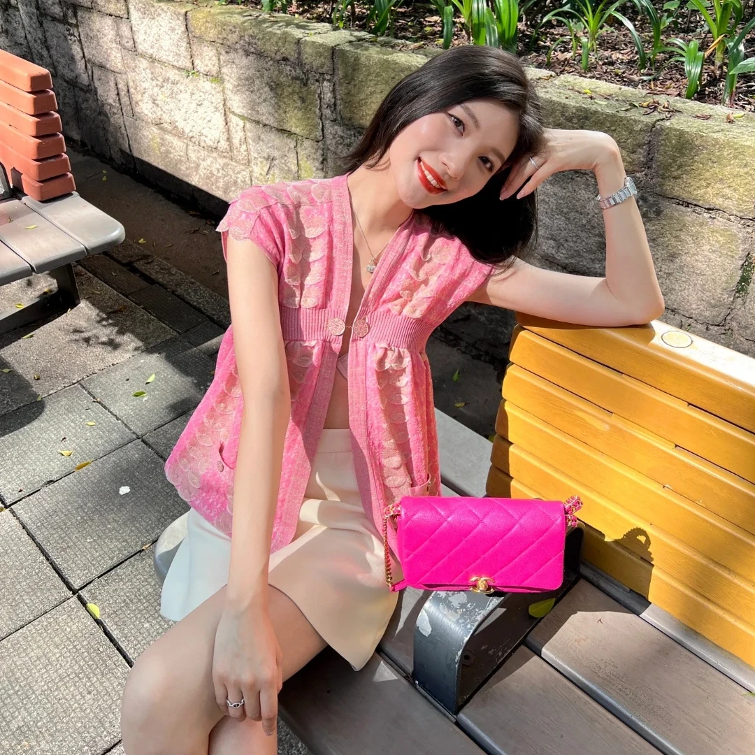 99新 Chanel/香奈儿 粉色粗花呢针织上衣36码 99新 GM003895
