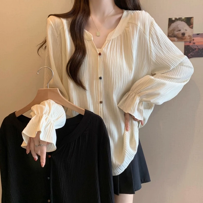 大码法式黑色v领长袖衬衫女2025胖mm显瘦宽松上衣